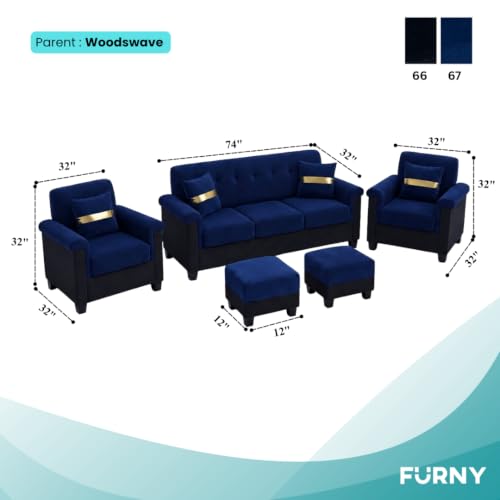 Image of FURNY Woodswave 5 Seater Sofa Set with Velvet Fabric, 3+1+1+2 Puffy Sofa Set for Living Room (Blue-Black) | Durable & Comfortable | Ideal for Living Room