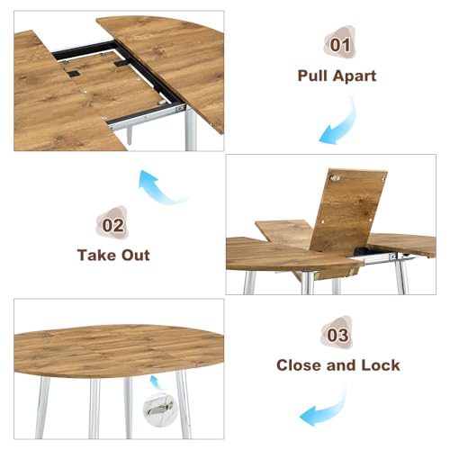 Image of FURNITO Modern Dining Table Set for 4, 42 inch-54 inch Extendable Round to Oval Dining Table, Kitchen & Dining Room Set with Wood Grain Top and 4 Fabric Upholstered Chairs, Space-Saving, Easy Assembly