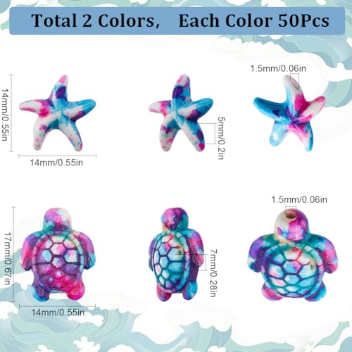 SUNNYCLUE 100PCS 2 Styles Purple Turquoise Beads Turtle Starfish Beads Summer Hawaii Ocean Animal Sea Life Lucky Gemstone Loose Spacer Bulk for Jewellery Making Beading Kit Bracelets Craft - Image 2