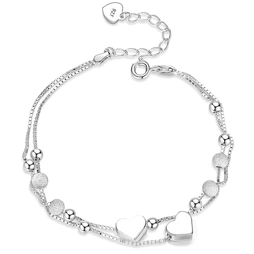 Image of SENLINLU Heart-Shaped Bracelet Sterling Silver Bracelet for Women 925 Sterling Adjustable Friendship Link Bracelet Layered Bracelets for Womens Girls