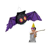 Relaxdays Piñata Murciélago, para Colgar, Fiestas Cumpleaños Niños y Niñas, Animal, Rellenable, Papel, Negro y Morado