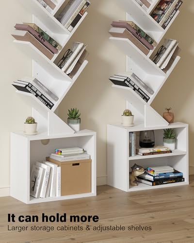 Image of SUNMORY 6 Tier Tree Bookshelf, Tall Small Bookcase with Storage Cabinet | Modern Narrow Bookshelves Organizer, Floor Standing Book Case Shelf for Bedroom Living Room Home Office Corner, White