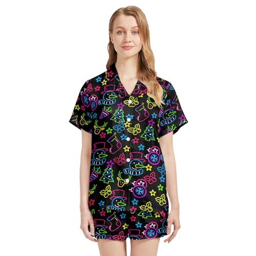 Image of Funny Satin Pajamas Set for Women Button Down Sleepwear Print Pjs Set 2 Piece Short Sleeve Loungewear Gift for Women