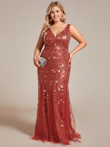 Image of Ever-Pretty Plus Sequin Formal Dresses Sleeveless V Neck Mermaid Ball Gowns Plus Size Prom Dress