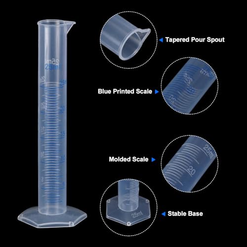Cilindro de medición de 25 ml de plástico transparente con base hexagonal de 2 lados 4