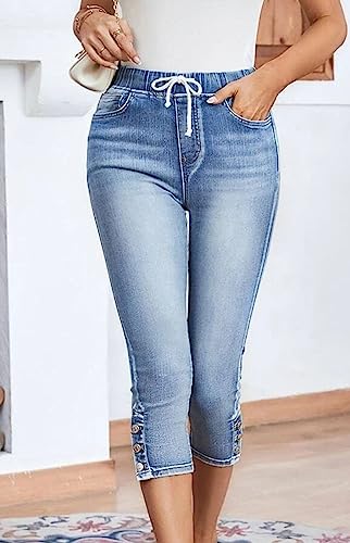 Conshvi Women's Drawstring Elastic Waist Slim Fit Pull On Capri Jeans Casual Stretch High Waisted Distressed Capris Pants2