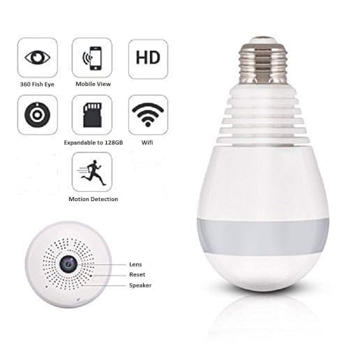 Image of Panoramic 3MP Indoor WiFi Light Bulb Camera | 360 View | Color Night Vision | Motion Detection | Smart LED Light Bulb | Wireless Light Socket Bulb for Home with Mobile App V380 Pro (Bulb Camera)