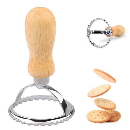 XINBADA Wooden Handle Stainless Steel Cookie Stamps,Large Circle Cookie Cutter Custom Embossed Biscuit Stamp for Baking, Durable Cookie Decorating Tools