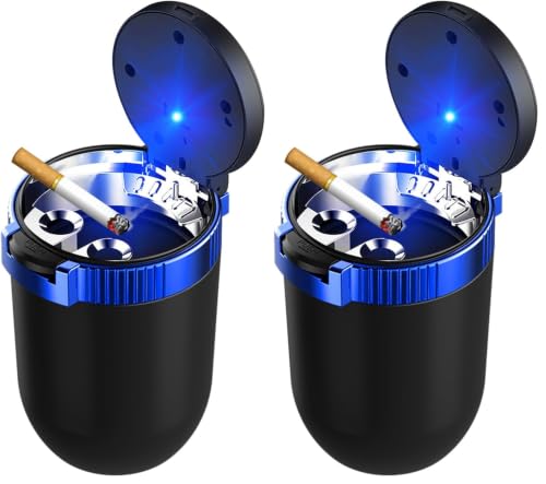 Image of Dickno Car Ashtray with Lid, Detachable Stainless Smokeless Auto Ashtray, Portable Mini Vehicle Trash Can with LED Blue Light, Universal Interior Accessories for Cup Holder (Blue, 1 PC) (Pack of 2)