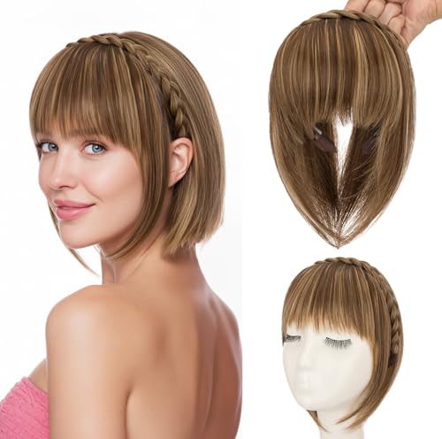 S-noilite Bandeau avec frange, perruques à frange frontale, postiche tressé synthétique avec extensions de cheveux à frange,Brun doré mélangé à blond...