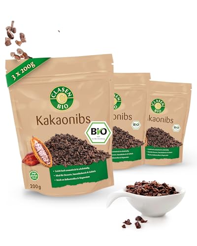 CLASEN BIO – Kakao Nibs 3x200g Bundle – Klein geschrotete Kakaobohnen herb-aromatisch & schokoladig – Kakaonibs ideal für Desserts, Smoothiebowls & Gebäck – Reich an Ballaststoffen & Magnesium