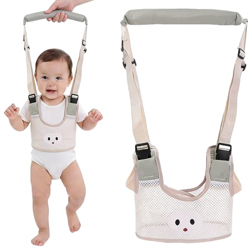 GWEOR Arnés de Seguridad para Caminar Arnes Bebes Ajustable Arnés de Bebe con Hebilla de Seguridad y Calcomanías Mágicas Transpirable Cinturón de Andador para Bebe 7 24 Mes   Blanco grisáceo