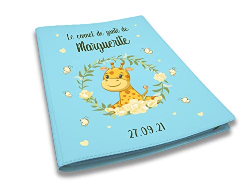 Protège carnet de santé personnalisé, idée cadeau personnalisable bébé, cadeau naissance original, Couverture carnet de santé Girafe - CL0011a (Bleu...