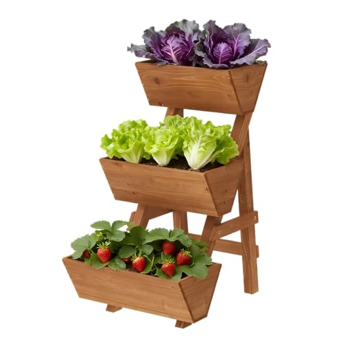 Dawnyard 3-Tiers Wooden Raised Garden Bed Tiered Planter Box Flower Pots Vertical Garden Planter Wood Plant Stand for Patio, Balcony, Freestanding (Brown S)