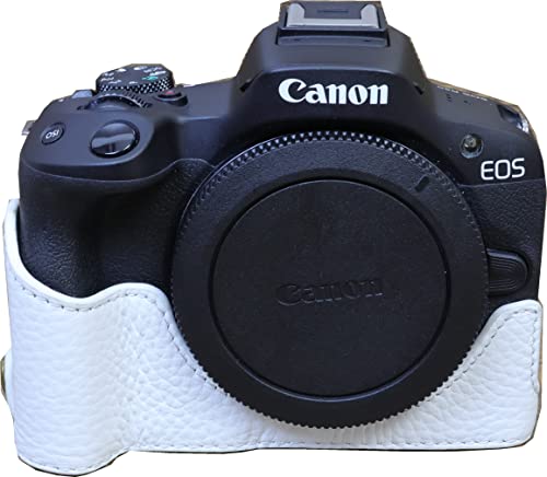 Bmaollongb R50 Case, Handmade Genuine Real Leather Half Camera Case Bag Cover For Canon Eos R50 Bottom Opening Version + Hand Strap (White) #TOP7