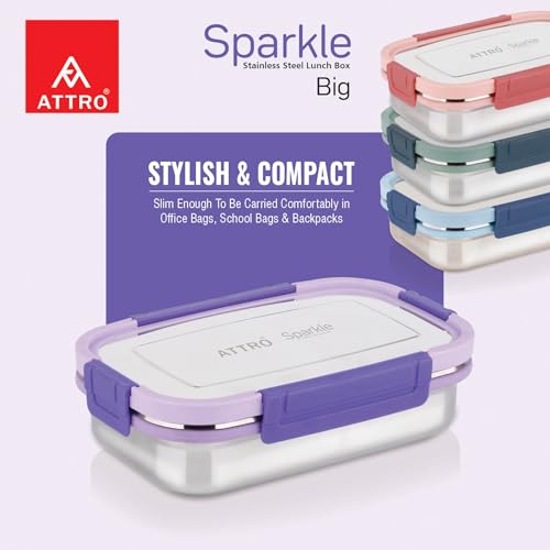 Image of ATTRO Sparkle Big Stainless Steel Lunch Box 2-Piece Set - 900ml + 200ml - Leak-Proof, BPA-Free, Compact & Durable - Ideal for Kids, Office, Travel - Purple