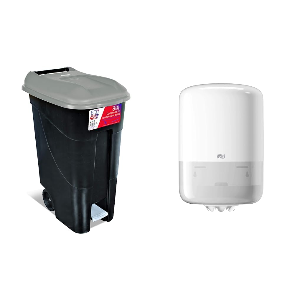 Distributeur de papier Tork 559000 blanc M2 et grande poubelle Tayg 80P gris de 80 litres