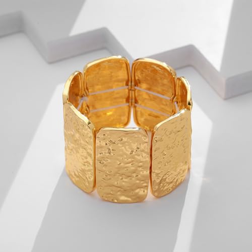 WOWORAMA Chunky Hammered Bangle Bracelets for Women Wide Gold Stretch Bangles Bracelet Boho Elastic Adjustable Statement Bracelet3