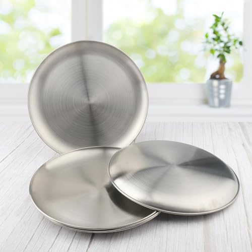 Lot de 6 Assiettes de 30 cm en Acier Inoxydable, Réutilisables, Circulaires en Métal, Plats de Dîner en Métal pour Collations, Camping, Barbecue, Steak, Passe au Lave-Vaisselle