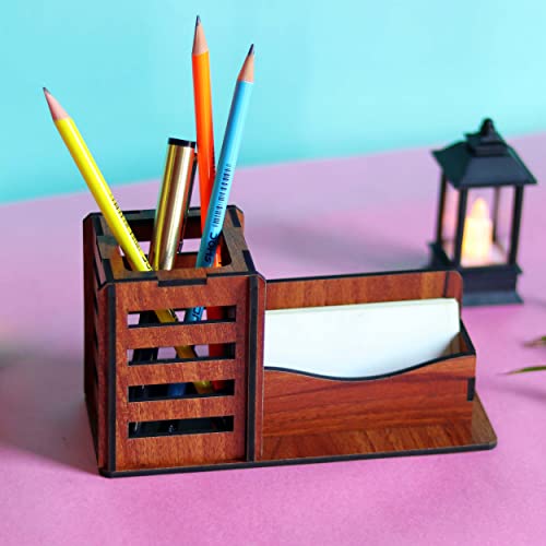Image of Deskart Stylish Pen Stand with Business Visiting Card Holder | Multipurpose Wooden Desk Organizer for Office Desk and Study Table