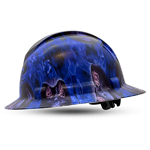 Full Brim Hard Hat Construction OSHA Hardhats, Men Women Safety Helmet, 4 Point, Custom Skull Design, by Acerpal, Blue Banshee - Thumbnail 3
