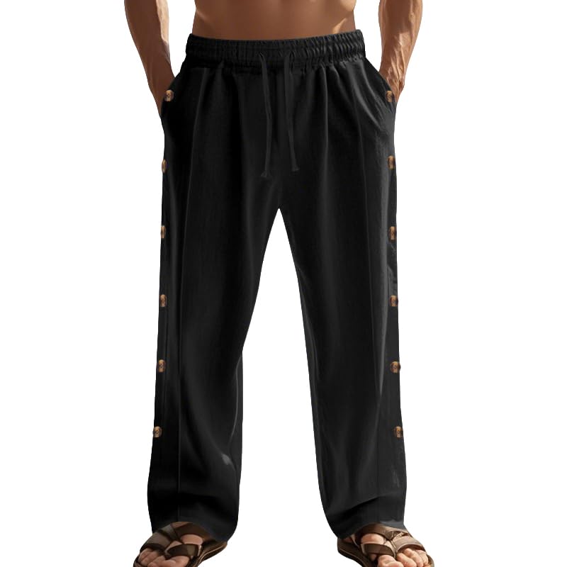Mens Drawstring Straight Pants Cotton Wide Legs Breathable Trousers Casual Loose Fit Sweatpants with Side Buckles