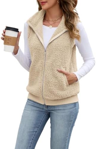 POMTIMCO Teddy Fleece Weste Damen Herbst Winter Plüsch Ärmellos Fleeceweste | Casual Einfarbig Teddyfell Weste, Lässig Damenweste mit Stehkragen, Modisches Teddyjacke für Alltag, U