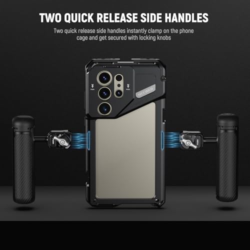 Image of NEEWER PA042 S24 Ultra Phone Cage Video Rig Stabilizer with PA045S Quick Release Side Handle, PA045E Bluetooth Shutter Handle, 67mm Filter Adapter, 17mm Lens Backplate, T Mount Lens Adapter, Wipe