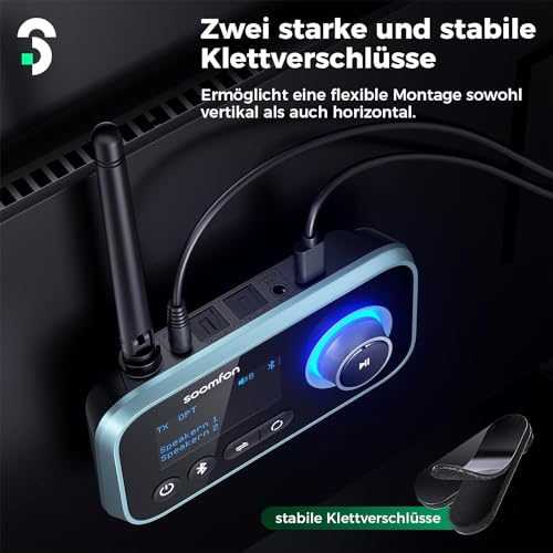 3-in-1 Bluetooth 5.0 Sender Empfänger für 2 Kopfhörer, SOOMFON Bluetooth Adapter Audio für TV PC Stereoanlage, Low Latency BT Transmitter Receiver mit Lautstärkeregelung, Aux/RCA/Optisch – Bild 5