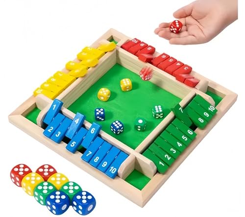 Shut The Box Würfelspiel aus Holz, 23 x 23 x 4 cm, für 4 Spieler, Mehrfarbig mit Zahlenleisten