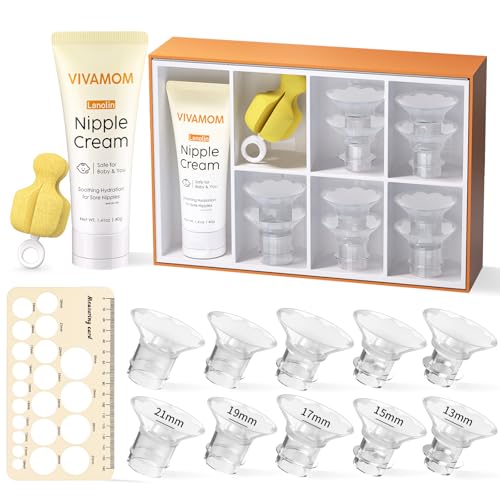 Image of Flange Sizing Kit with Flange Inserts 10PCS & Lanolin Nipple Cream & Nipple Ruler, Silicone Breast Pump Flange Insert for Comfortable Pumping, 13/15/17/19/21mm for 24mm Pumps, Breastfeeding Essential