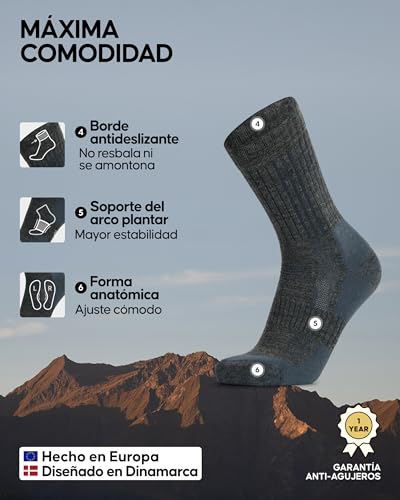 DANISH ENDURANCE Calcetines de Senderismo Termicos de Lana Merino Unisex, Transpirables y Antiampollas, para Hombres y Mujeres, 2 Pack, MC: 1 x Azul Marino,1 x Gris, 39-42 - imagen 3