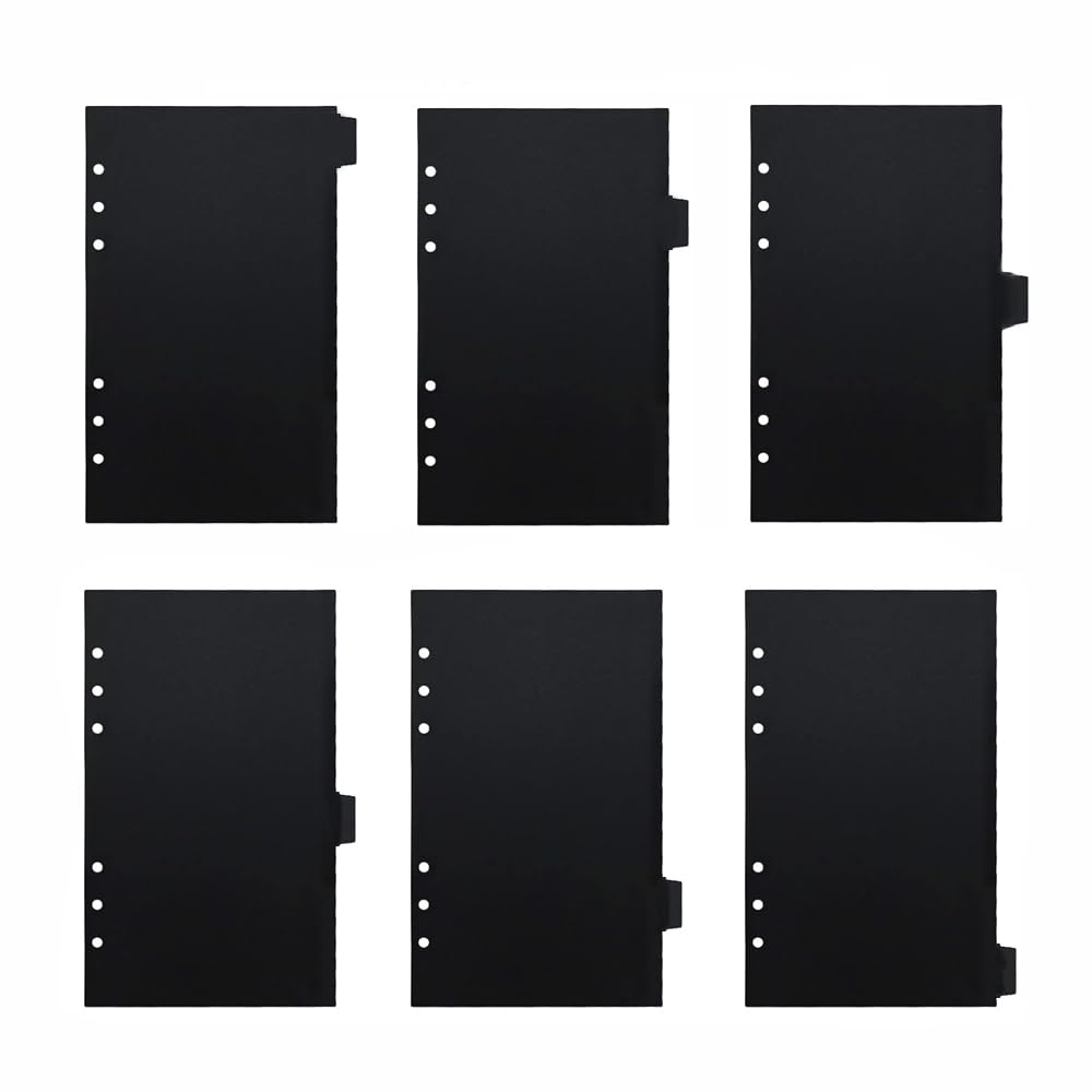 6PCS A6 Page Dividers for 6-Ring Binder, Plastic Index Sheet Insertable Notebook Planner Tabs, Loose-Leaf Binder Accessory (Black)