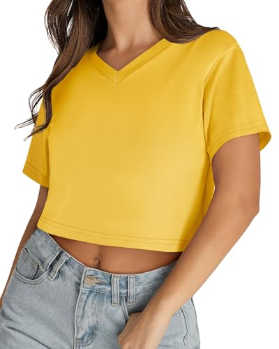 Image of Womens Crop Tops Short Sleeve V Neck Summer Cropped T Shirts Baisc Tees