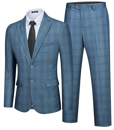WEEN CHARM Men's 2 Piece Slim Fit Plaid Suit Business Casual Blazer Pants Set for Formal Wedding Prom Office Party Green Blue