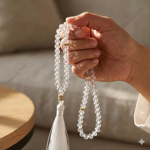 Image of Islamic Salat Prayer Tasbih - 100 Crystal White Beads - Tasbeeh for Dhikr, Zikr, and Meditation (White Crystal)