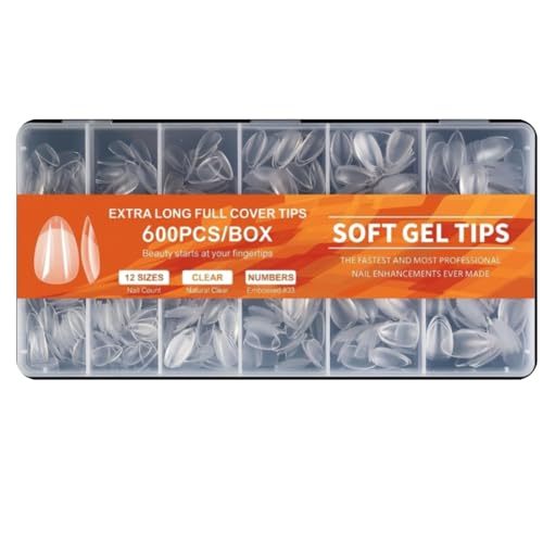 Image of QUEENFINGER Soft Gel Nail Tips - 600 Pcs Short Almond Shape, 12 Sizes - Full Cover Clear Tips for DIY Nails & Salons