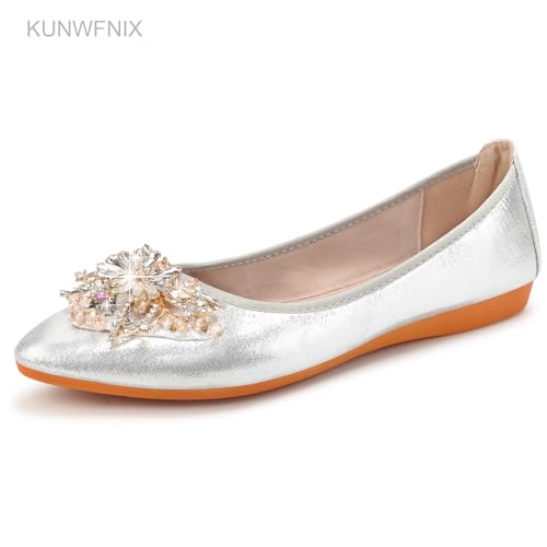 Image of KUNWFNIX Women Ballet Flats Rhinestone Wedding Ballerina Shoes Foldable Sparkly Comfort Slip on Flat Shoes