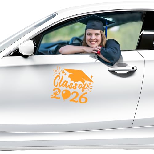 Image of 2xClass of 2026 Car Sticker & Graduation Hat Sticker Removable Graduate Decal Car Decal 8 inchx 7.1 inch Waterproof Vinyl Decals Arts & Crafts for Graduation Party Decorations(Yellow)
