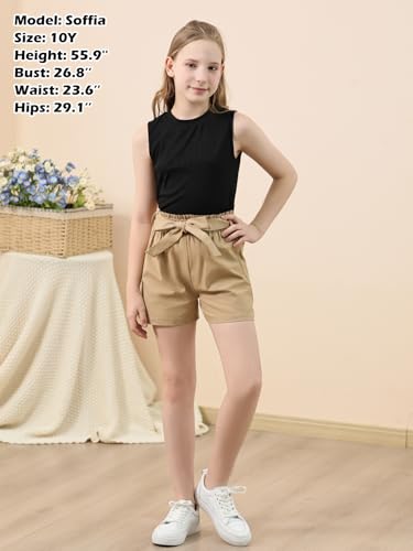 Image of GORLYA Girls 2 Piece Clothing Outfits Summer Casual Rib Knit Tank Tops and Paperbag Waist Belted Linen Short Sets 6-14Y