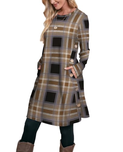 Image of OFEEFAN Fall Dresses for Women 2026 Crew Neck Long Sleeve Dress with Pockets