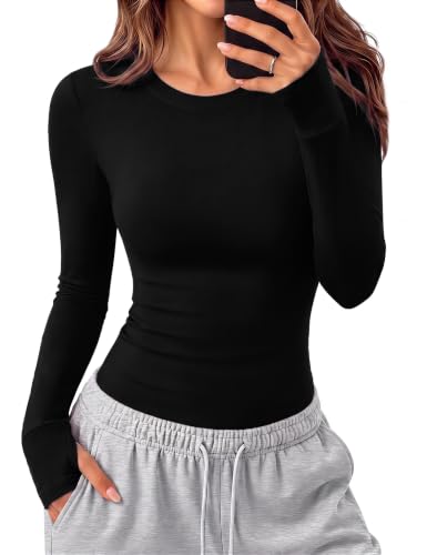 Image of Aottori Womens Fitted Long Sleeve Tops Thumb Hole Cuffs Shirt Plain Black