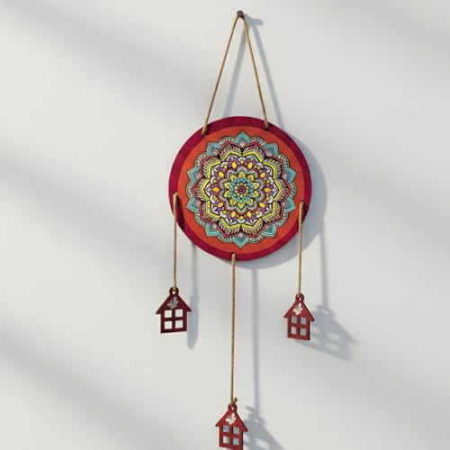 Image of DECORIQUE Mandala Wall Hanging with Wooden House Charms Multicolour Decorative Wall Art for Living Room Bedroom Door Home Decor Gift Hanging Accent