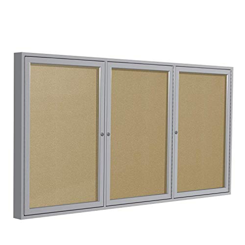 Ghent 36" x 72" 3-Door Outdoor Enclosed Bulletin Board with Lock, Vinyl Material, Shatter Resistant Acrylic Panels, Made in the USA, Satin Aluminum Frame - Caramel