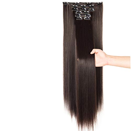 24"-26" Clip in Hair Extensions 6Pcs 16 Clips Curly Wavy Straight Thick Clip on Synthetic Hair Extension Hairpieces Dark Brown#