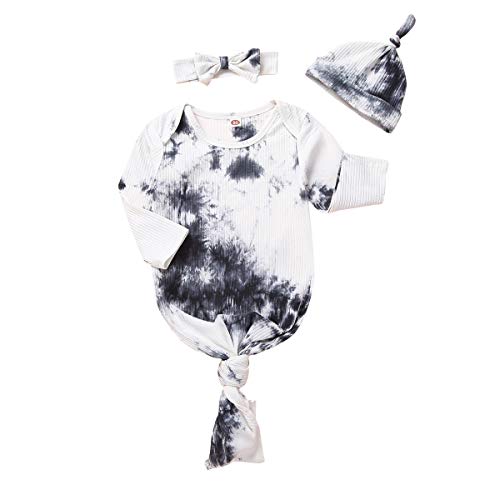 Newborn Baby Tie Dye Nightgowns Hat Headband Set Knotted Sleeping Bags Romper Coming Home Outfit Sleepwear for Boys Girls Hippie Clothes Kimono Gowns Long Sleeve Pjs Pajamas Babygown Black 0-6 Months
