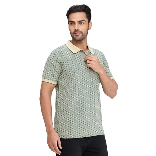 Image of Park Avenue Men's Slim Fit Print Pattern Cotton Polyester Blend Polo Neck Half Sleeve Casual T-Shirt