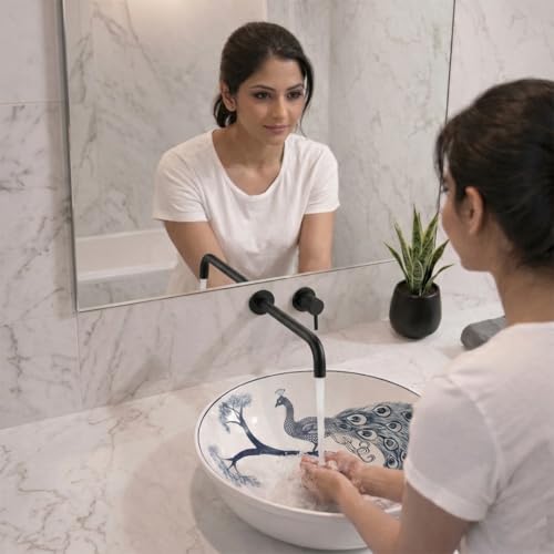 Image of BASSINO 16x16x5 Inches Table Top Washbasin /Premium White-Blue Ceramic Wash Basin /Designer Basin for Bathroom,Home,Hotel /Round Shape Sink with Peacock Design /Wash Basin for Living Room(Glossy)