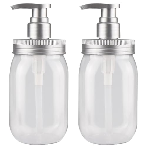 Qeuly 16oz Soap Dispenser, 2 Pack Plastic Pump Bottle Dispenser, Refillable Wide Mouth Jar Style Bathroom/Kitchen Containers for Shampoo, Conditioner, Body Wash, Lotion, Hand Soap & Dish Soap