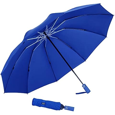 Umbrella Large Inverted Folding Umbrellas Windproof Compact Folding Auto open close 10 ribs - Blue Cover